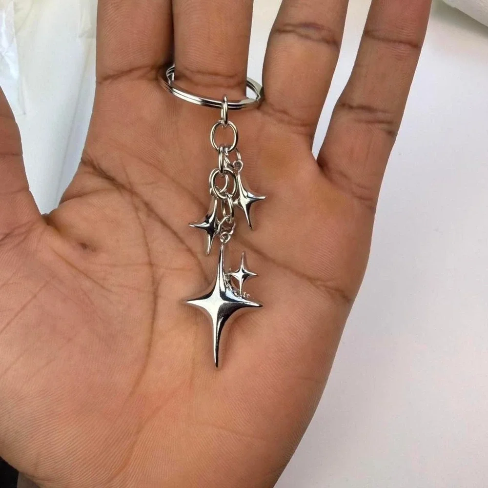 Mini Star Charm Keychain Silver Tone Metal Triple Star Dangle Key Ring New